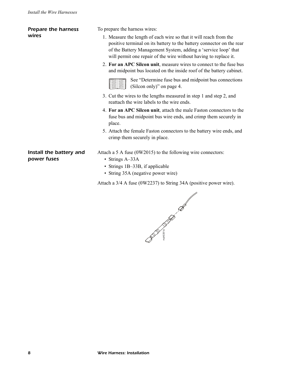 Prepare the harness wires, Install the battery and power fuses | APC AP9924 User Manual | Page 10 / 20