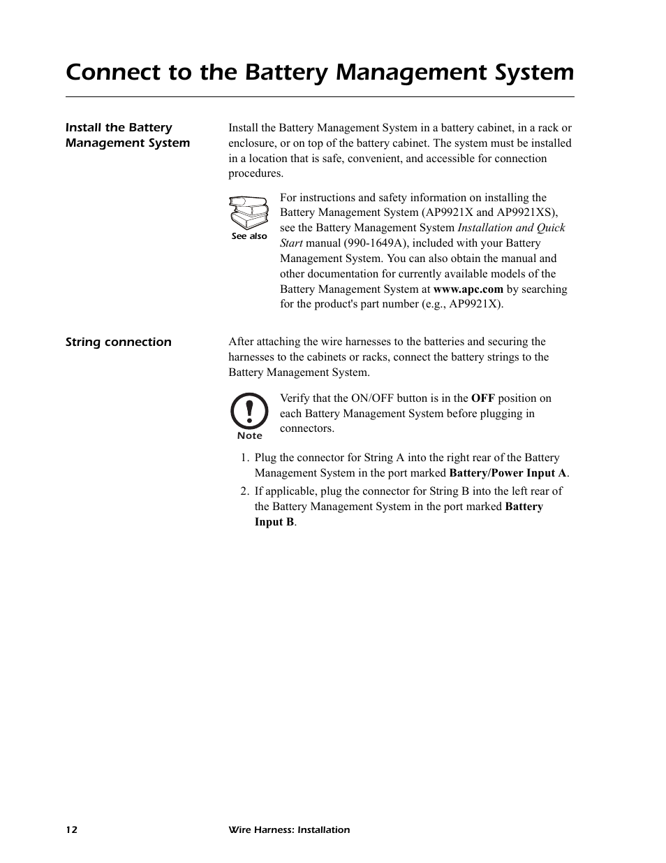 Connect to the battery management system, Install the battery management system, String connection | APC AP9924 User Manual | Page 14 / 20