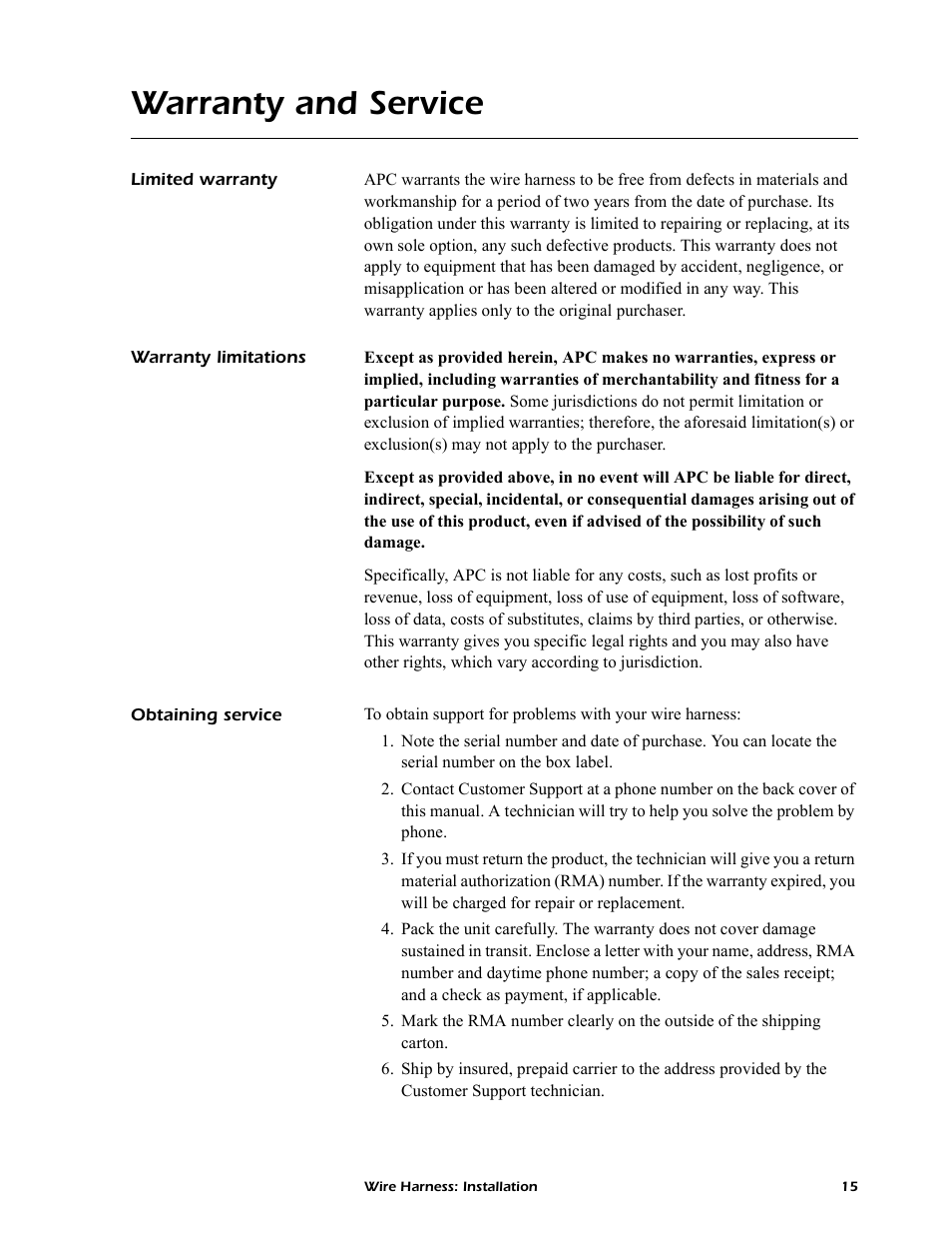 Warranty and service, Limited warranty, Warranty limitations | Obtaining service | APC AP9924 User Manual | Page 17 / 20