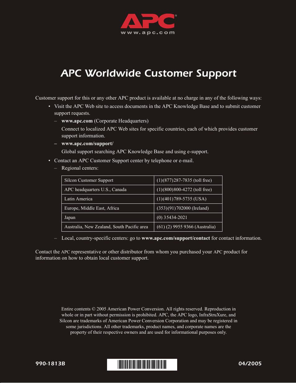 1813b, Apc worldwide customer support | APC AP9924 User Manual | Page 20 / 20