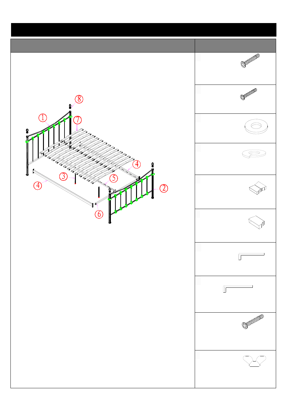 Component parts and fittings contained in the box, Parts fittings | Dreams Highgrove Bedstead User Manual | Page 2 / 4