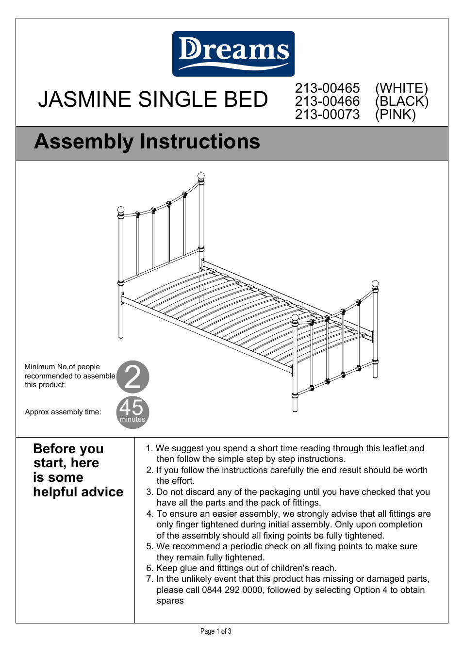 Dreams Jasmine Bedstead Single Size User Manual | 3 pages