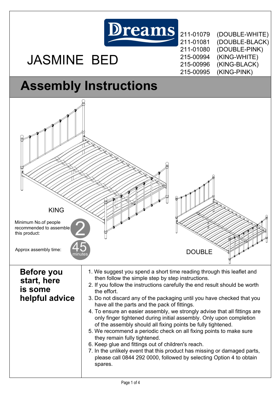 Dreams Jasmine Bedstead Double and King Size User Manual | 4 pages