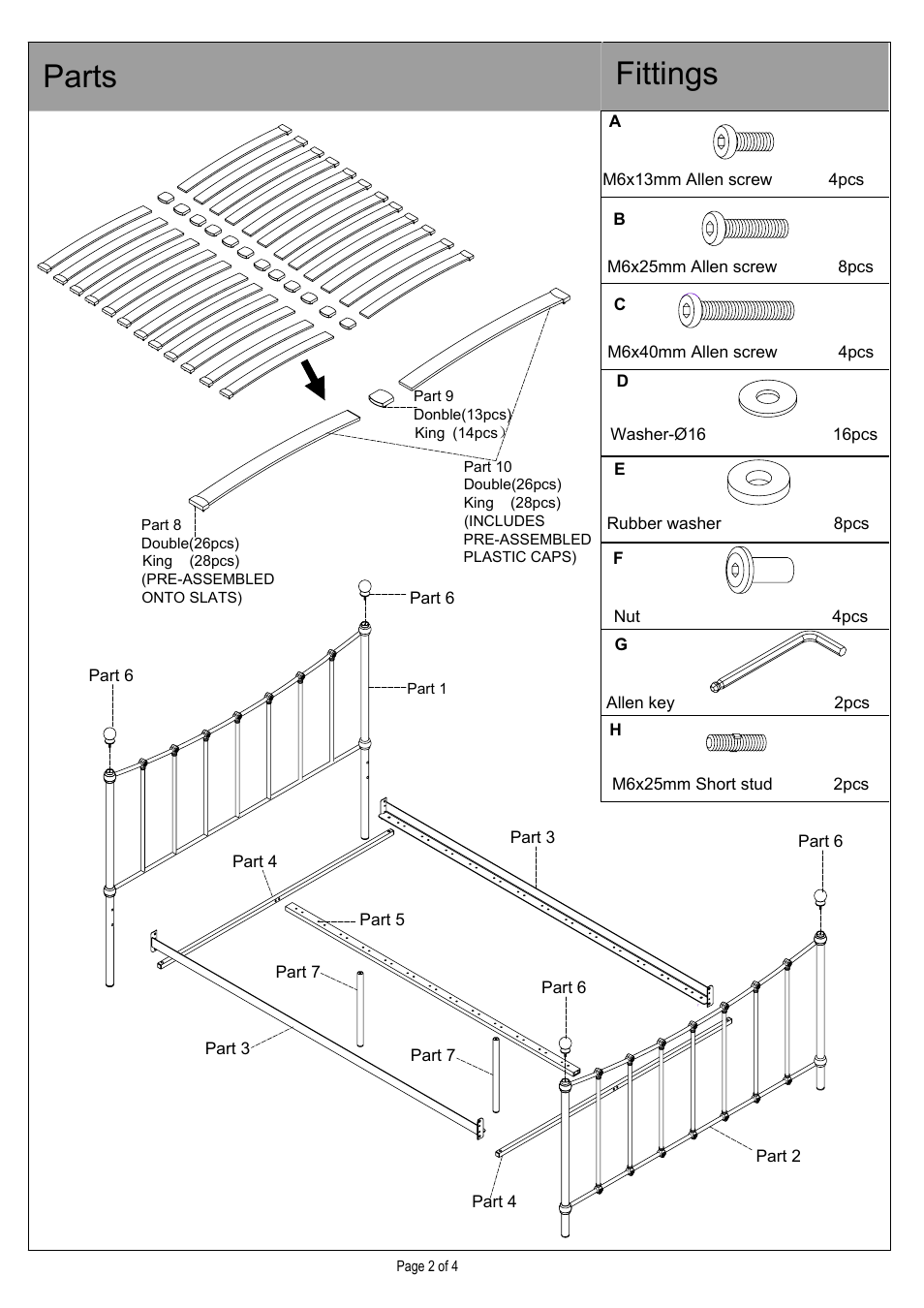 Parts fittings | Dreams Jasmine Bedstead Double and King Size User Manual | Page 2 / 4