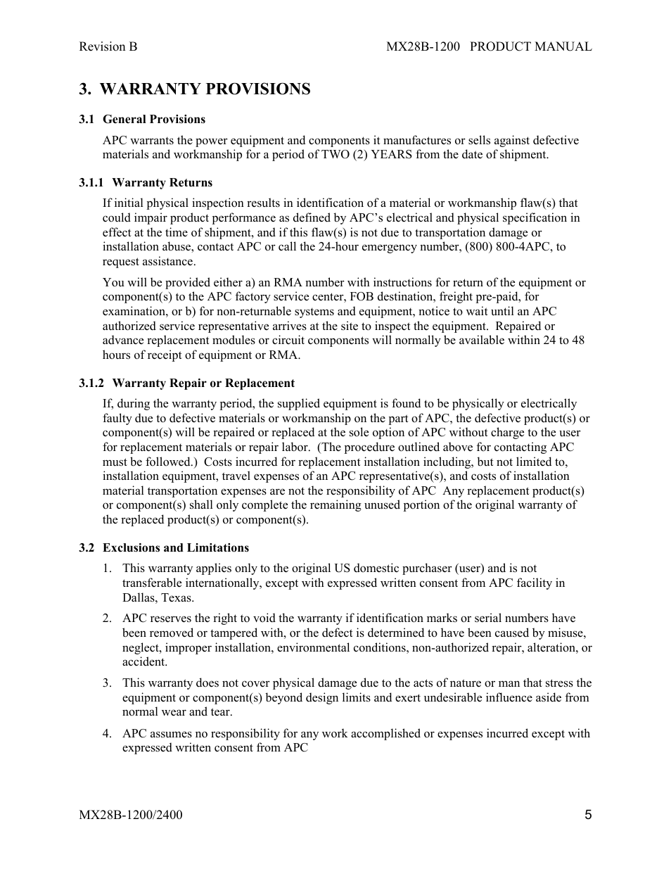 Warranty provisions, General provisions, Warranty returns | Warranty repair or replacement, Exclusions and limitations | APC DC Power Plant MX28B-1200 User Manual | Page 11 / 54