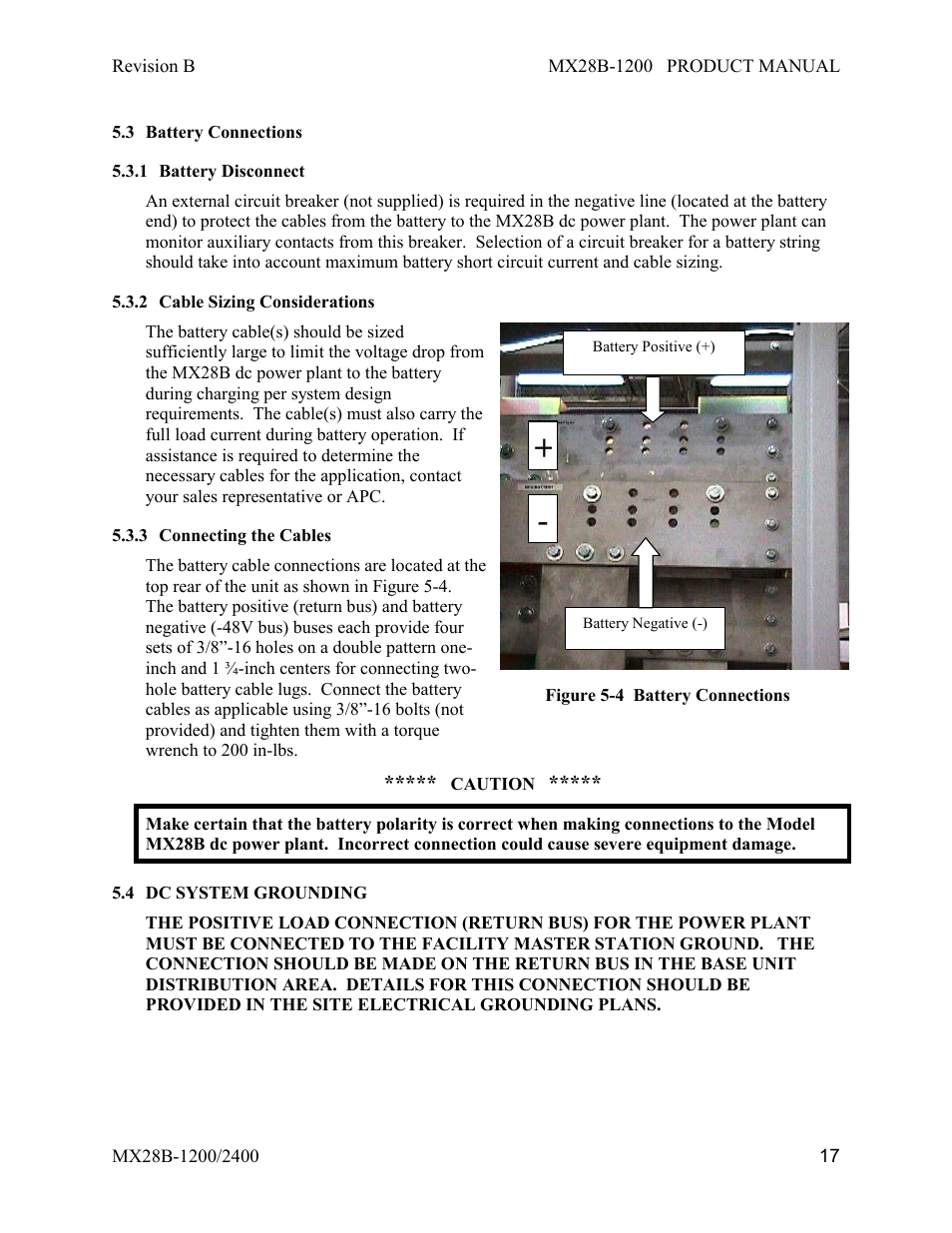 Battery connections, Battery disconnect, Cable sizing considerations | Connecting the cables, Dc system grounding | APC DC Power Plant MX28B-1200 User Manual | Page 23 / 54
