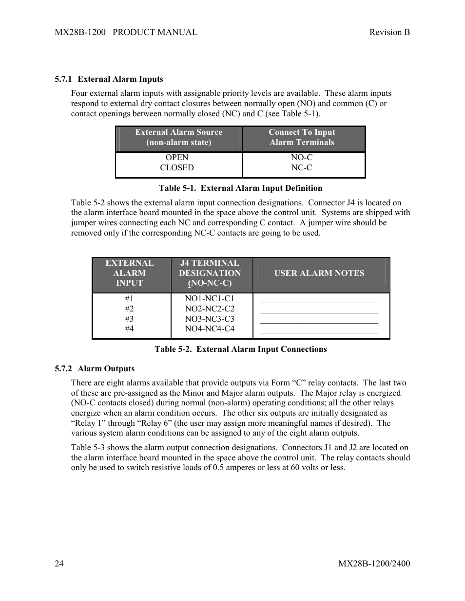 External alarm inputs, Alarm outputs | APC DC Power Plant MX28B-1200 User Manual | Page 30 / 54