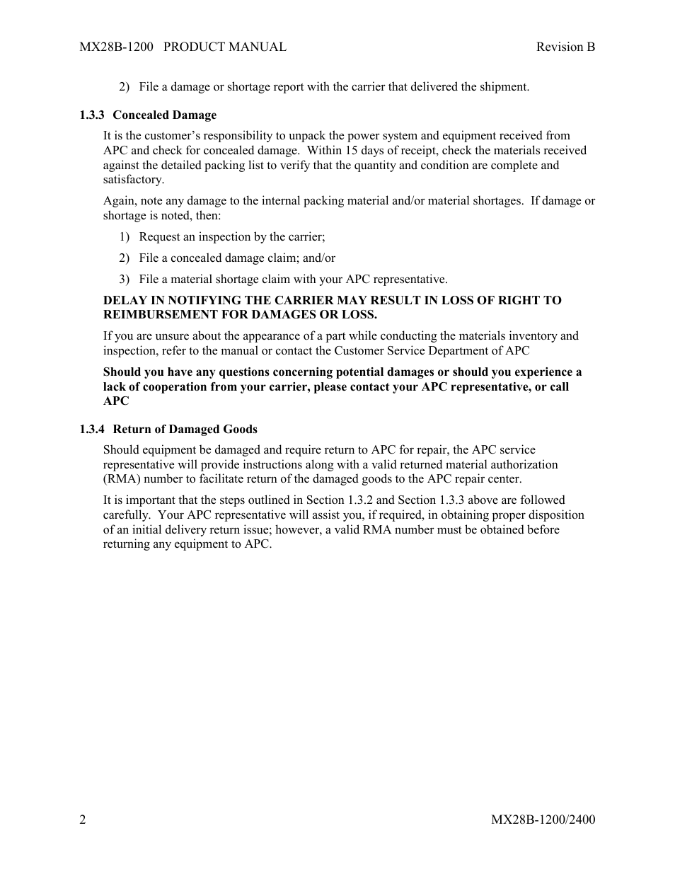 Concealed damage, Return of damaged goods | APC DC Power Plant MX28B-1200 User Manual | Page 8 / 54