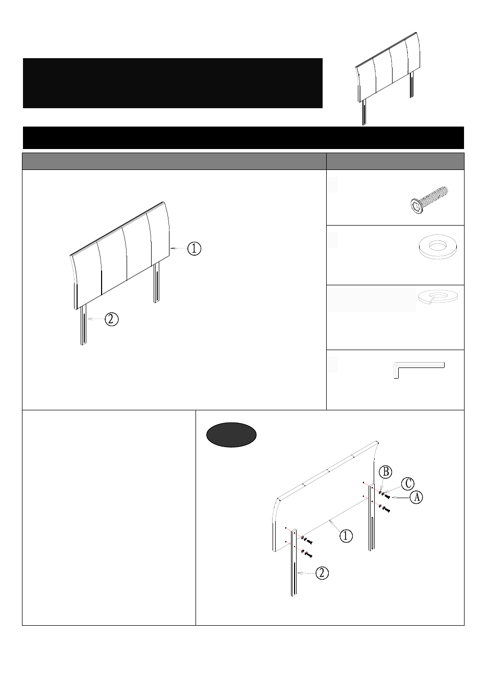 Assembly, Component parts and fittings contained in the box | Dreams Camargue Headboard User Manual | Page 2 / 2