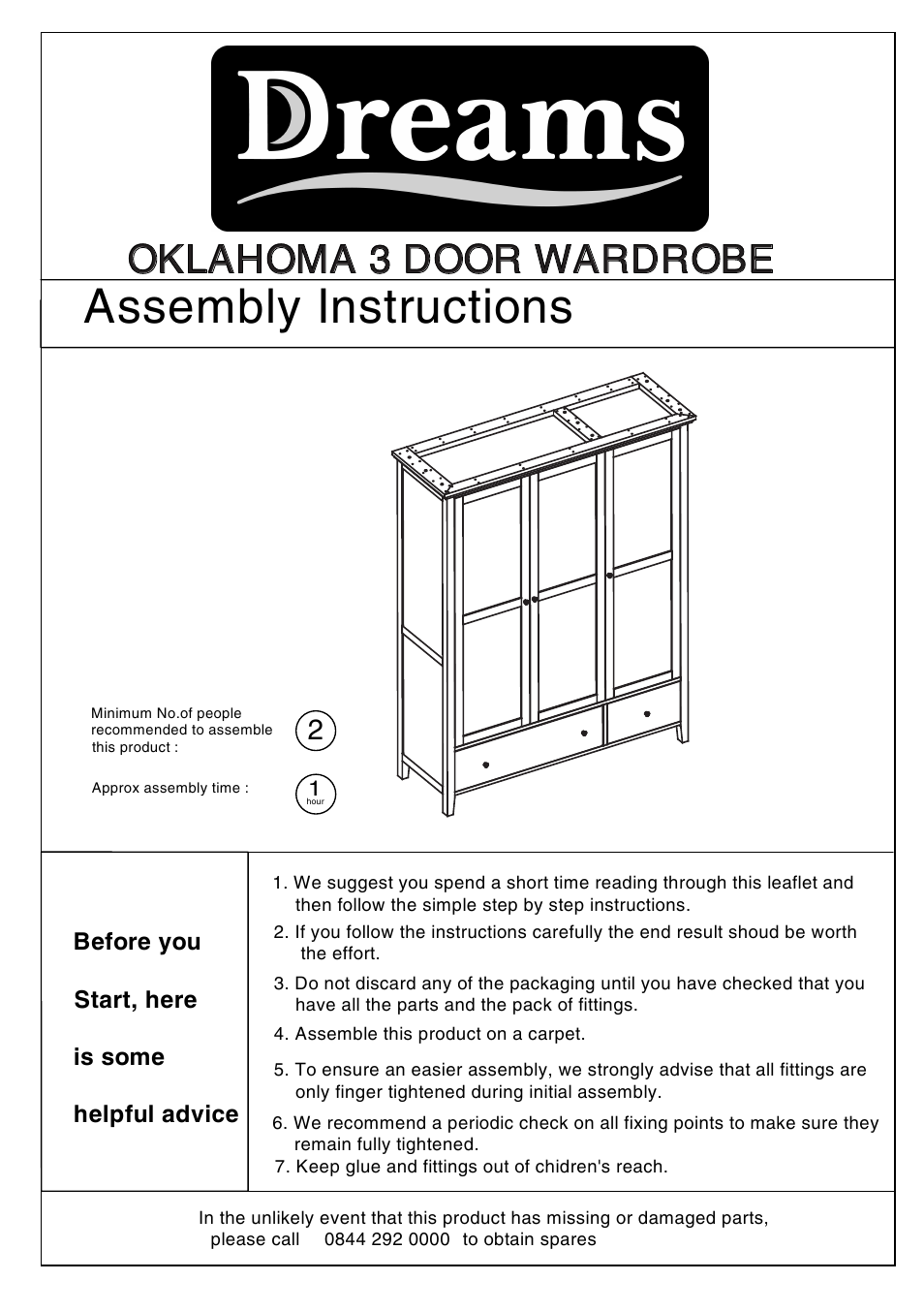 Dreams Oklahoma 3 Door Wardrobe with Drawers User Manual | 8 pages