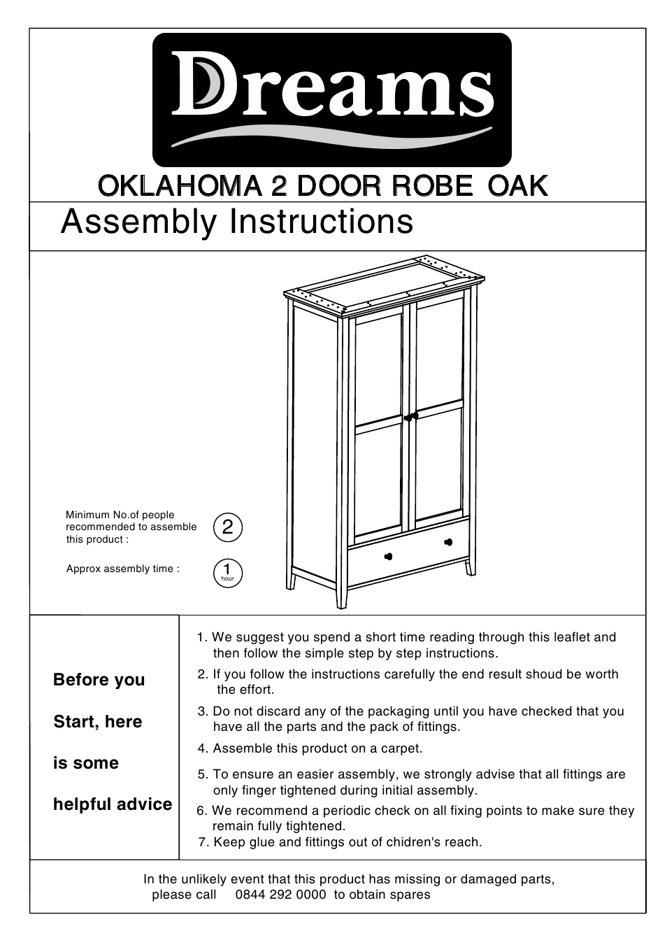 Dreams Oklahoma 2 Door Wardrobe with Drawers User Manual | 7 pages