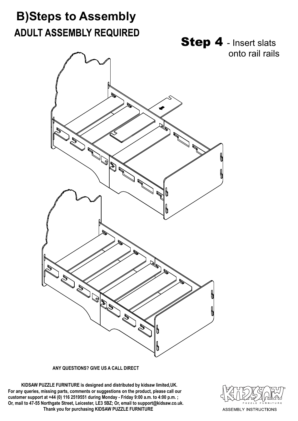 Dino bed p2, B)steps to assembly step 4, Insert slats onto rail rails | Dreams Dinosaur Bedstead User Manual | Page 4 / 4