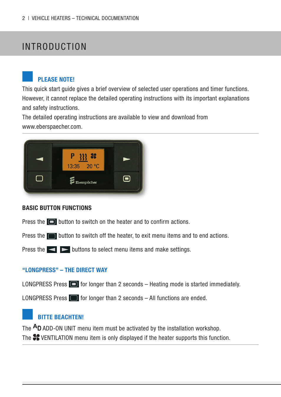 Introduction | Eberspacher EasyStart Timer Quick Guide User Manual | Page 2 / 8