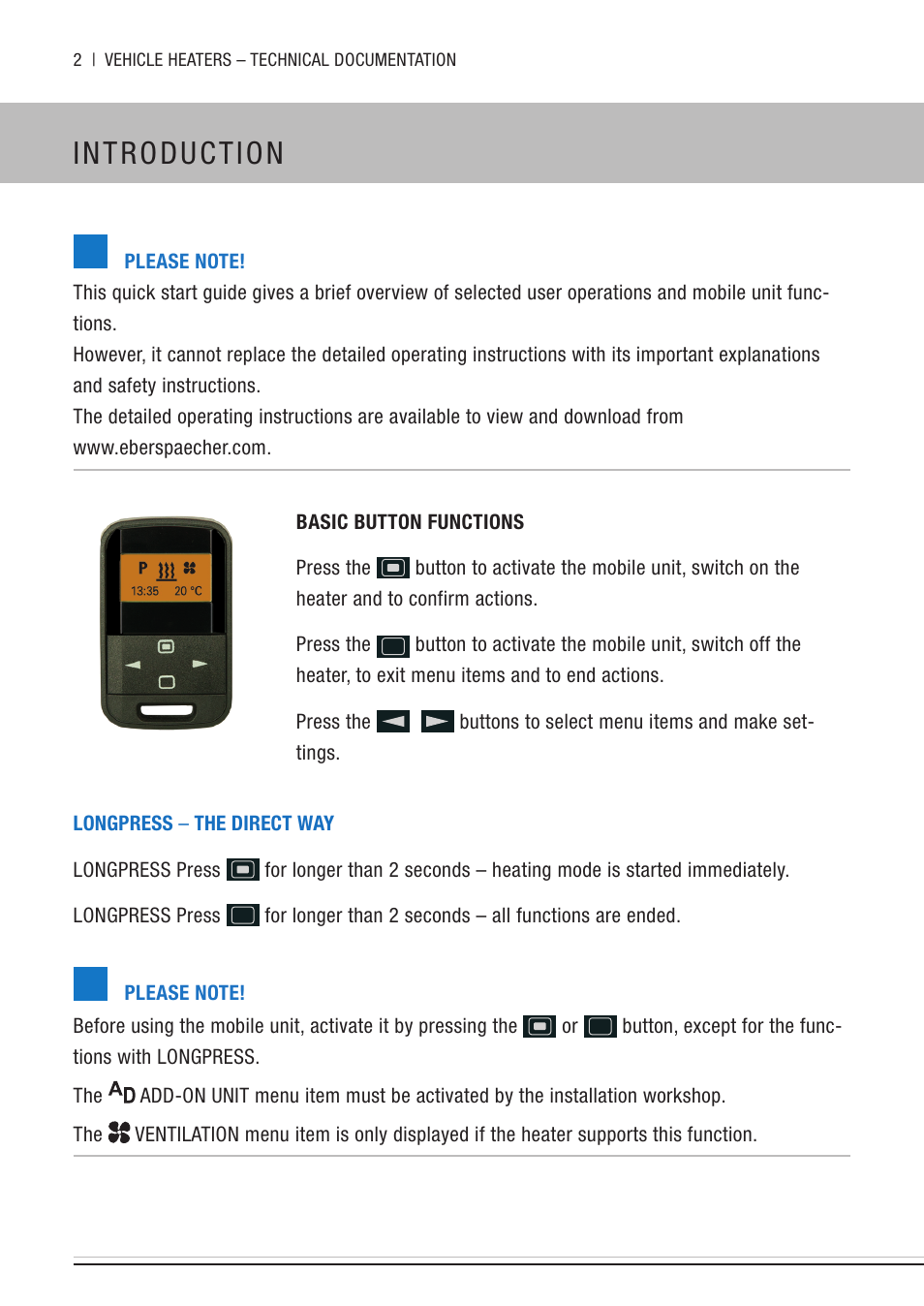 Introduction | Eberspacher EasyStart Remote+ Quick Guide User Manual | Page 2 / 8