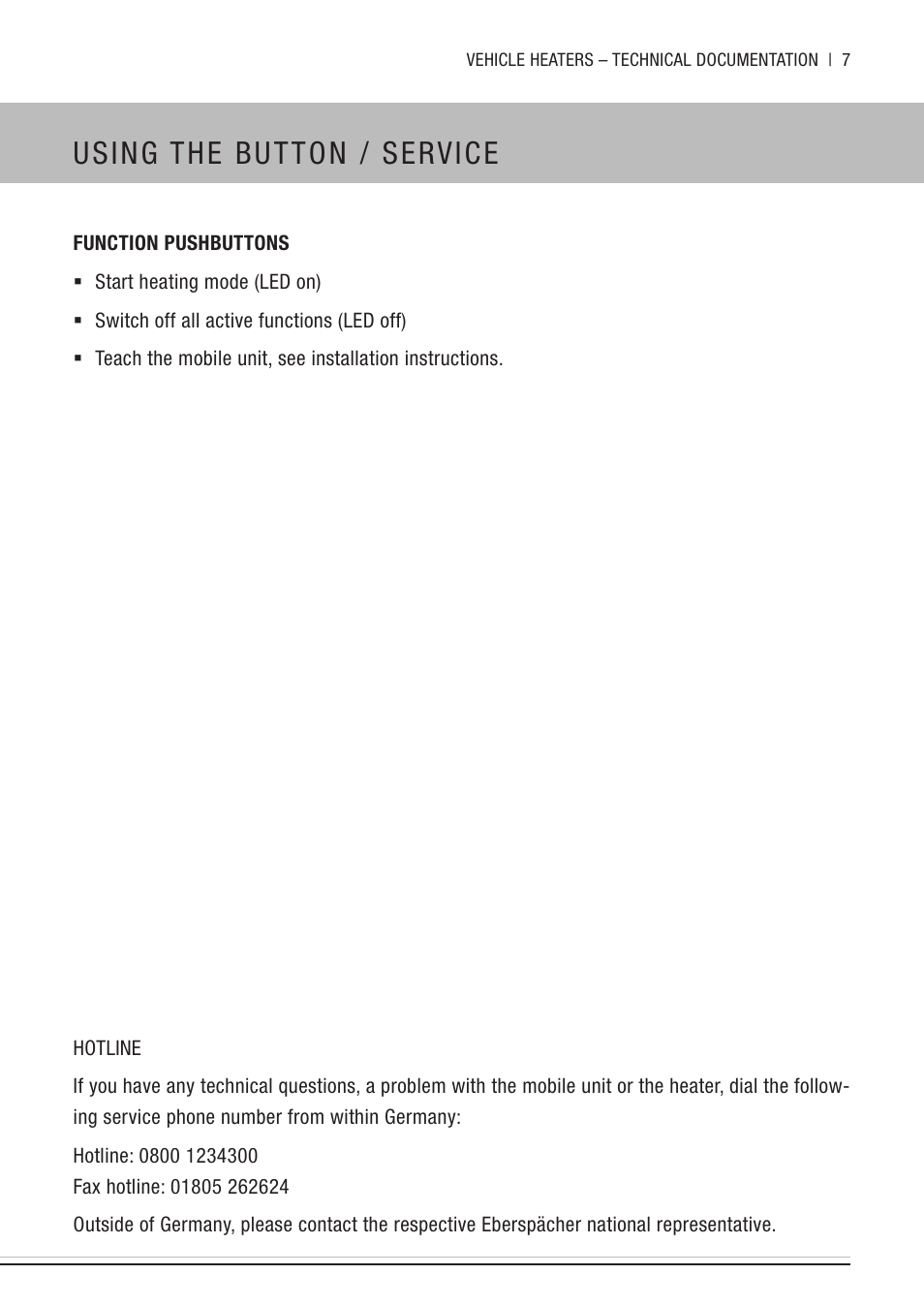 Using the button / service | Eberspacher EasyStart Remote+ Quick Guide User Manual | Page 7 / 8