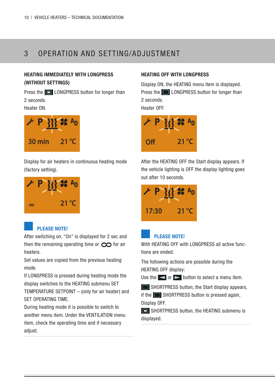 Heating off with longpress, 3 operation and setting/adjustment, 30 min 21 °c | 21 °c, 21 °c off, 30 21 °c | Eberspacher EasyStart Timer Operating instructions User Manual | Page 10 / 32