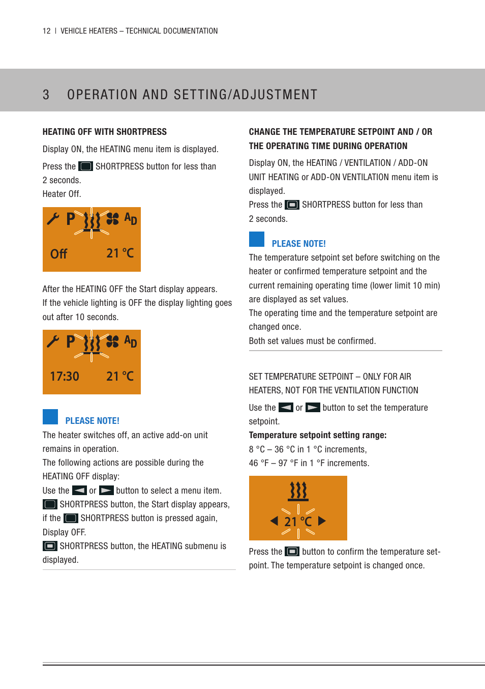 Heating off with shortpress, 3 operation and setting/adjustment, 21 °c off | 30 21 °c, 21 °c | Eberspacher EasyStart Timer Operating instructions User Manual | Page 12 / 32