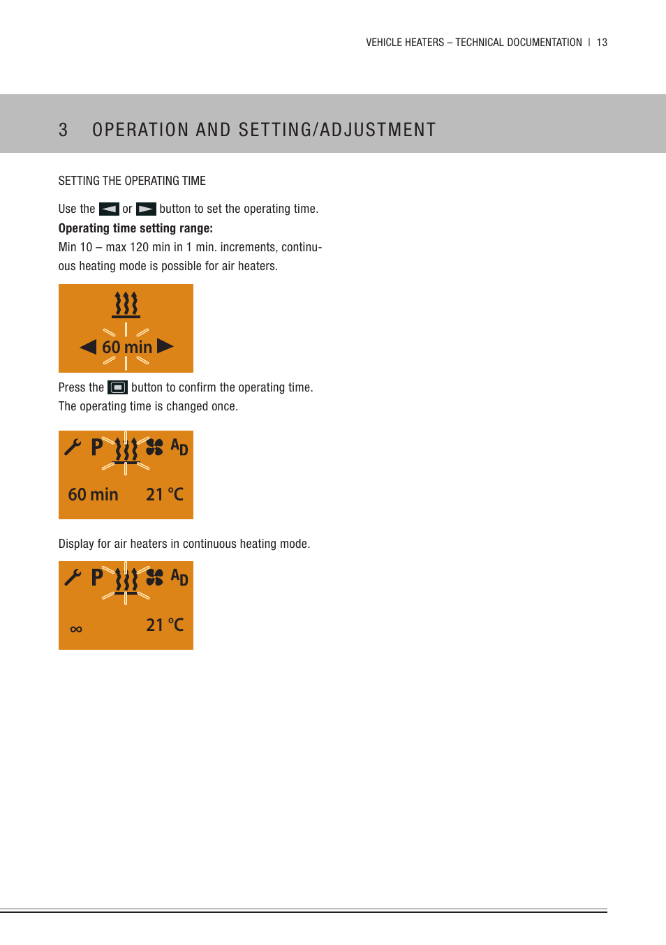 3 operation and setting/adjustment, 60 min, 60 min 21 °c | 21 °c | Eberspacher EasyStart Timer Operating instructions User Manual | Page 13 / 32