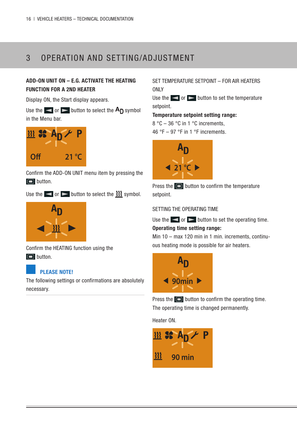 21 °c, 90min, 90 min 3 operation and setting/adjustment | Off 21 °c | Eberspacher EasyStart Timer Operating instructions User Manual | Page 16 / 32