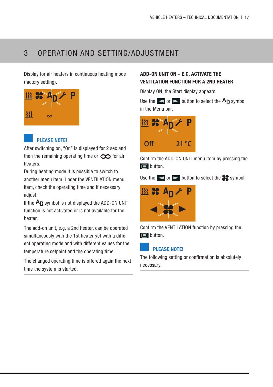 3 operation and setting/adjustment, Off 21 °c | Eberspacher EasyStart Timer Operating instructions User Manual | Page 17 / 32