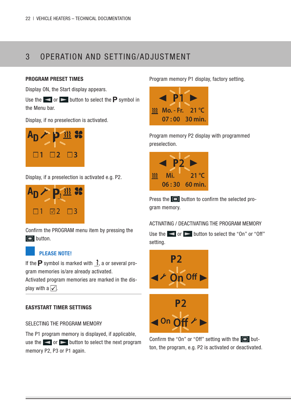 Program preset times, Easystart timer settings | Eberspacher EasyStart Timer Operating instructions User Manual | Page 22 / 32