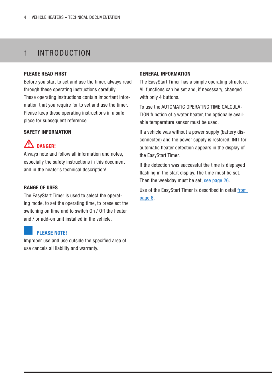 1 introduction, Please read first, Safety information | Range of uses, General information, Introduction | Eberspacher EasyStart Timer Operating instructions User Manual | Page 4 / 32