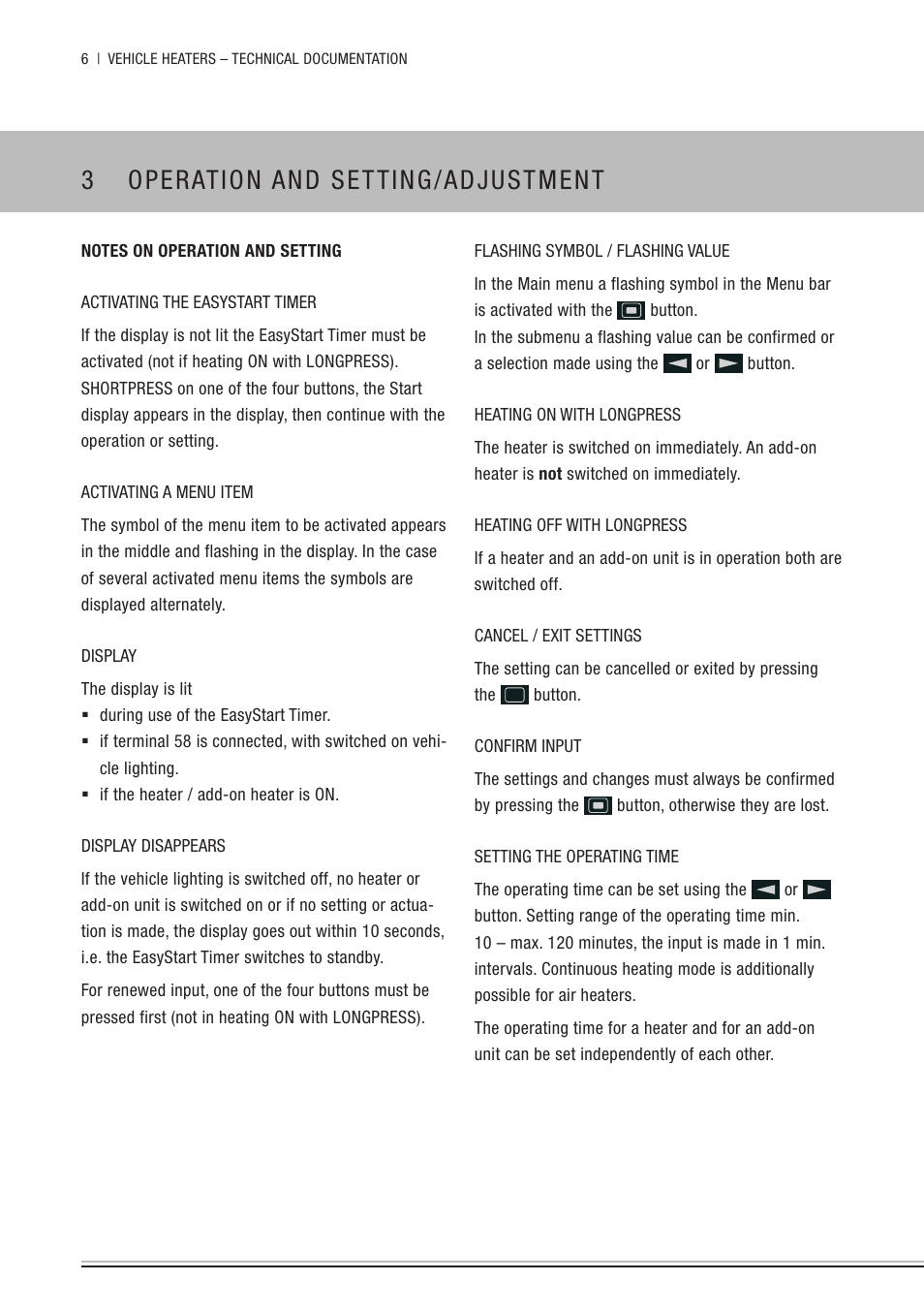 3 operation and setting/adjustment, Notes on operation and setting, Operation and setting/adjustment | From | Eberspacher EasyStart Timer Operating instructions User Manual | Page 6 / 32