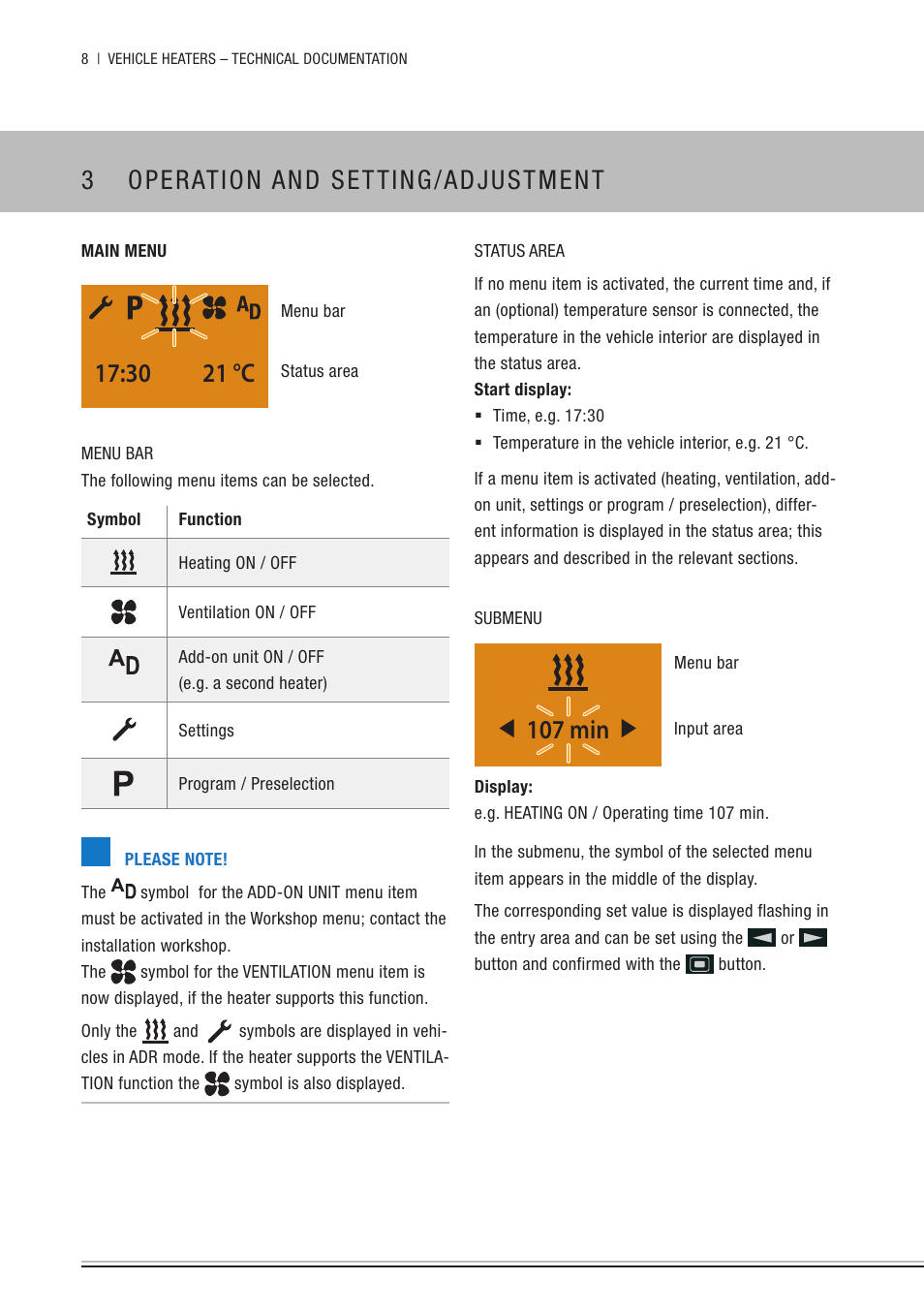 Main menu, 107 min, 3 operation and setting/adjustment | 30 21 °c | Eberspacher EasyStart Timer Operating instructions User Manual | Page 8 / 32