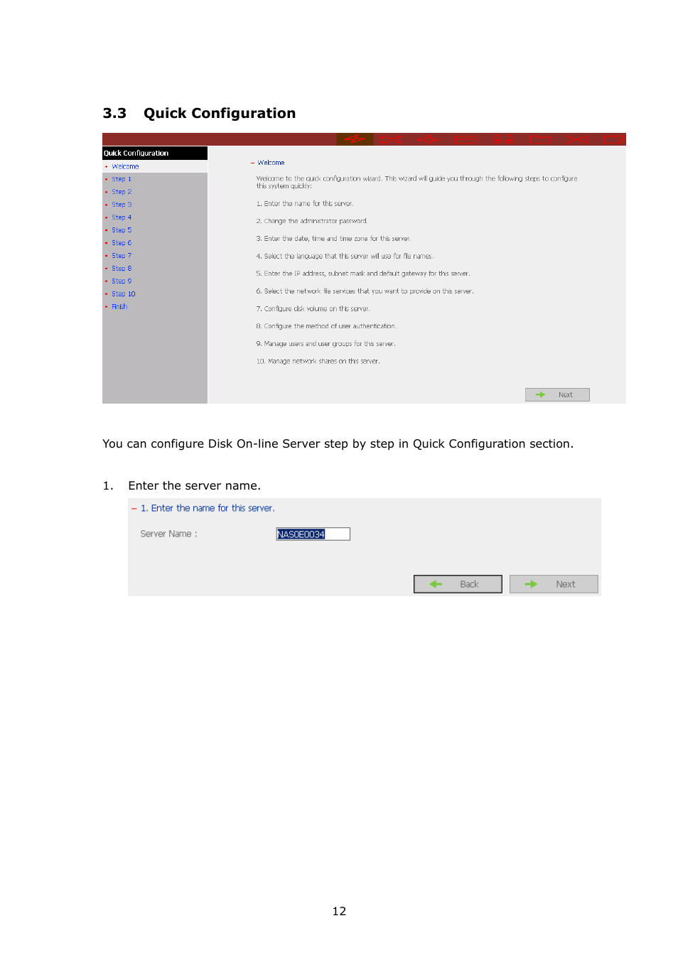 Quick configuration | APC Disk On-line Server NAS-2100 User Manual | Page 12 / 112