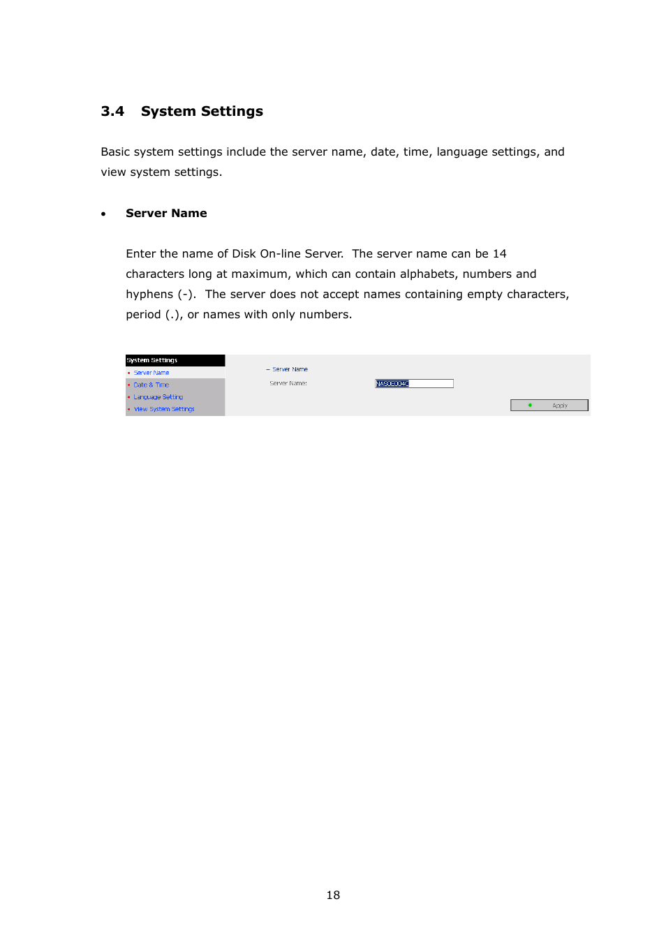 System settings | APC Disk On-line Server NAS-2100 User Manual | Page 18 / 112