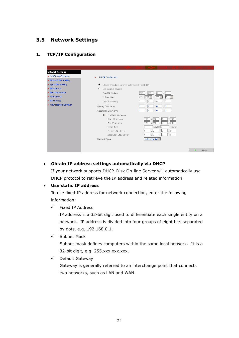 Network settings | APC Disk On-line Server NAS-2100 User Manual | Page 21 / 112