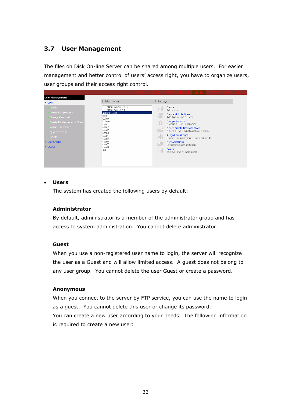 User management | APC Disk On-line Server NAS-2100 User Manual | Page 33 / 112
