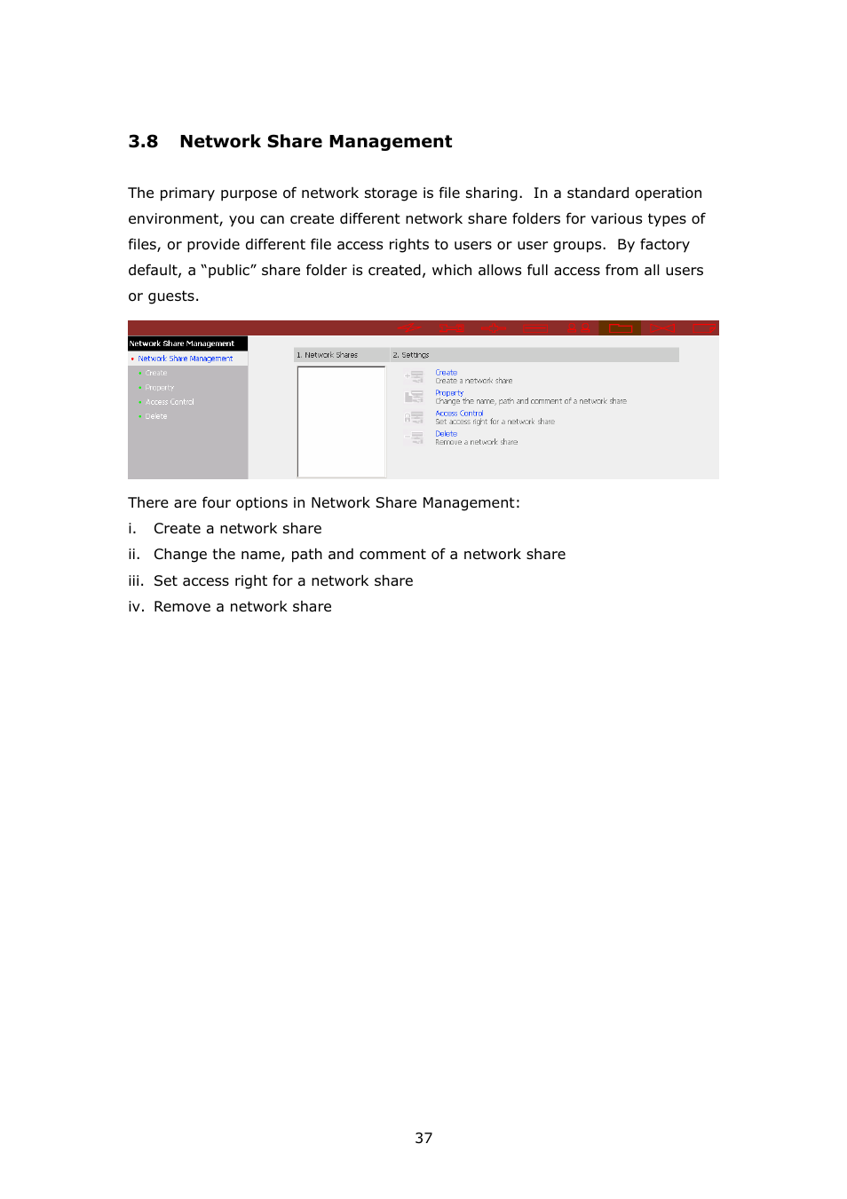 Network share management | APC Disk On-line Server NAS-2100 User Manual | Page 37 / 112