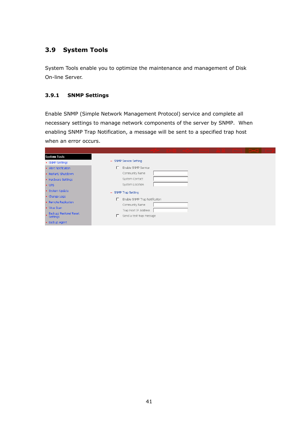 System tools, Snmp settings | APC Disk On-line Server NAS-2100 User Manual | Page 41 / 112