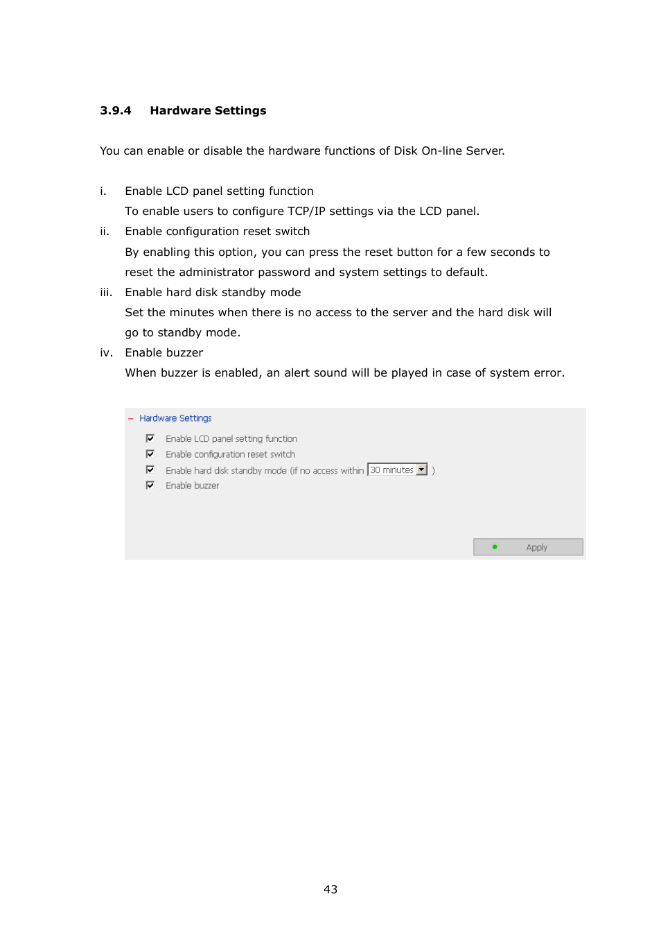 Hardware settings | APC Disk On-line Server NAS-2100 User Manual | Page 43 / 112