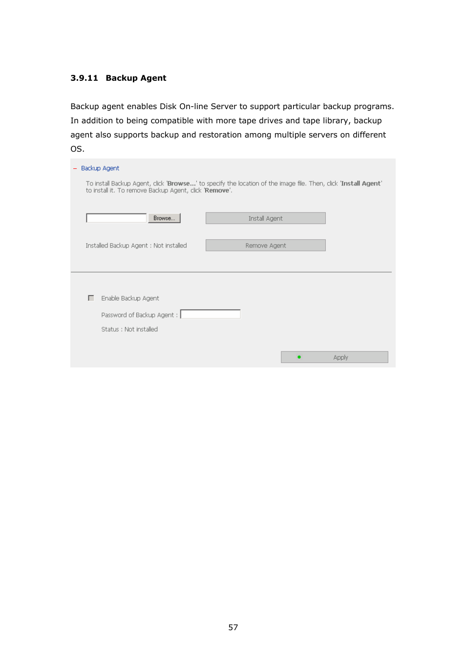 Backup agent | APC Disk On-line Server NAS-2100 User Manual | Page 57 / 112