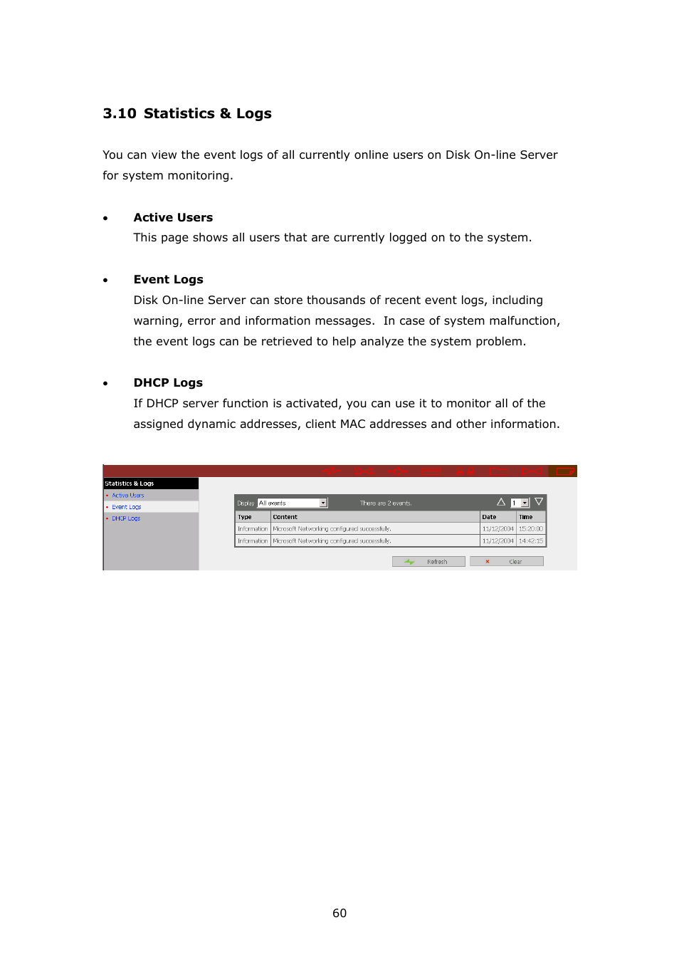 Statistics & logs | APC Disk On-line Server NAS-2100 User Manual | Page 60 / 112