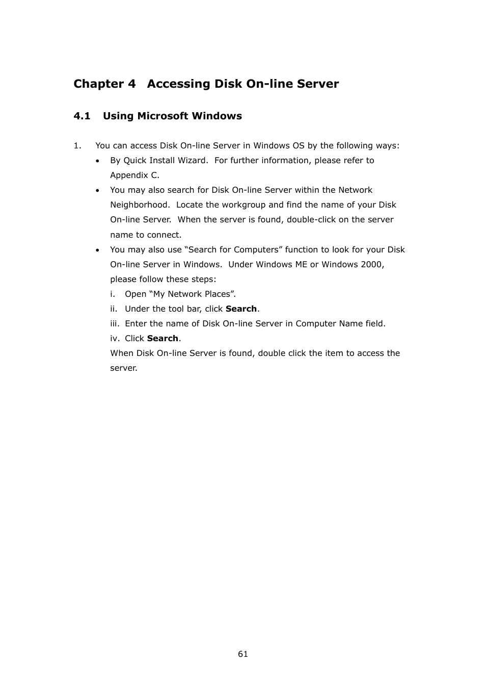 Accessing disk on-line server, Using microsoft windows, Chapter 4 | Chapter 4 accessing disk on-line server | APC Disk On-line Server NAS-2100 User Manual | Page 61 / 112