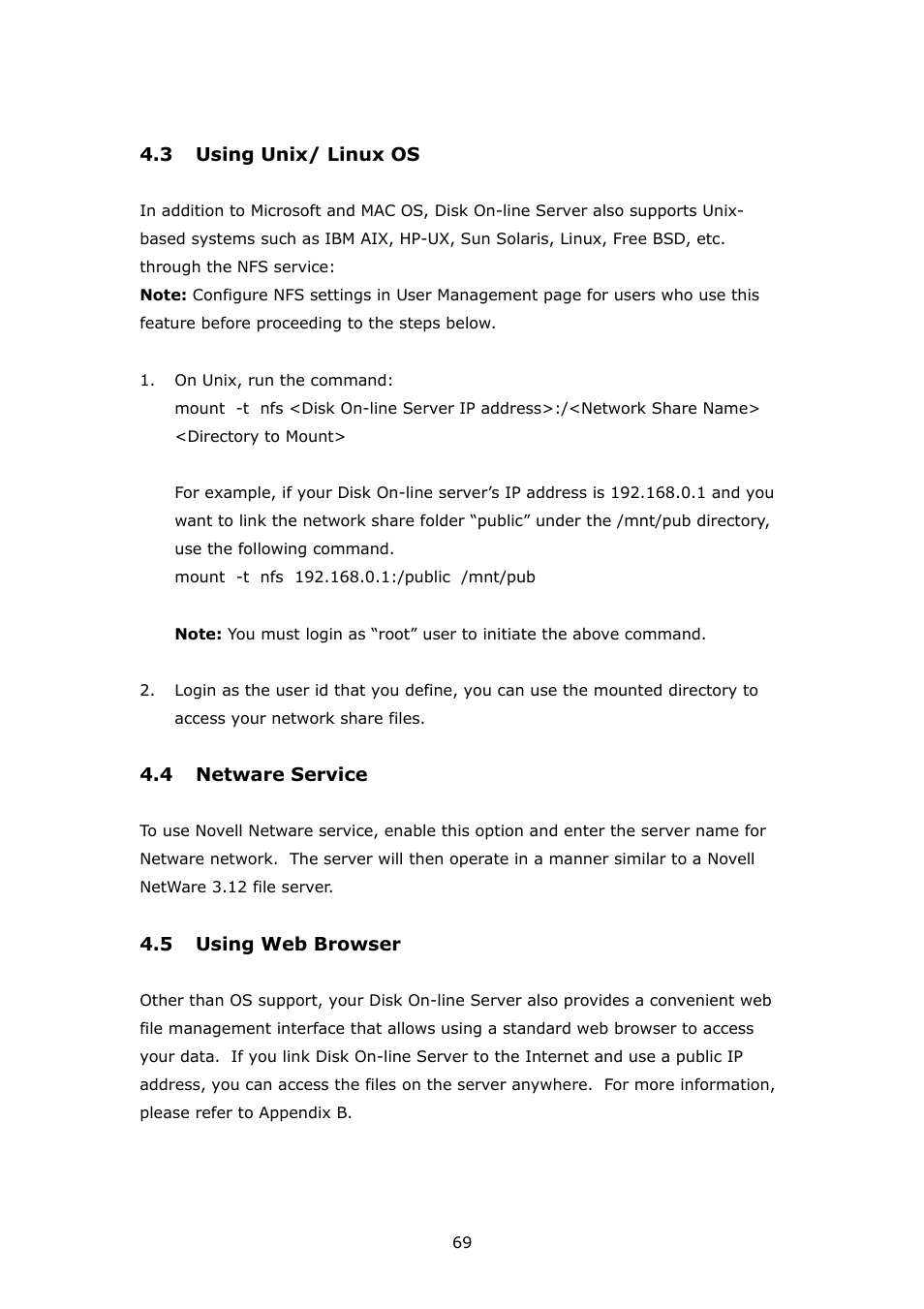 Using unix/ linux os, Netware service, Using web browser | APC Disk On-line Server NAS-2100 User Manual | Page 69 / 112
