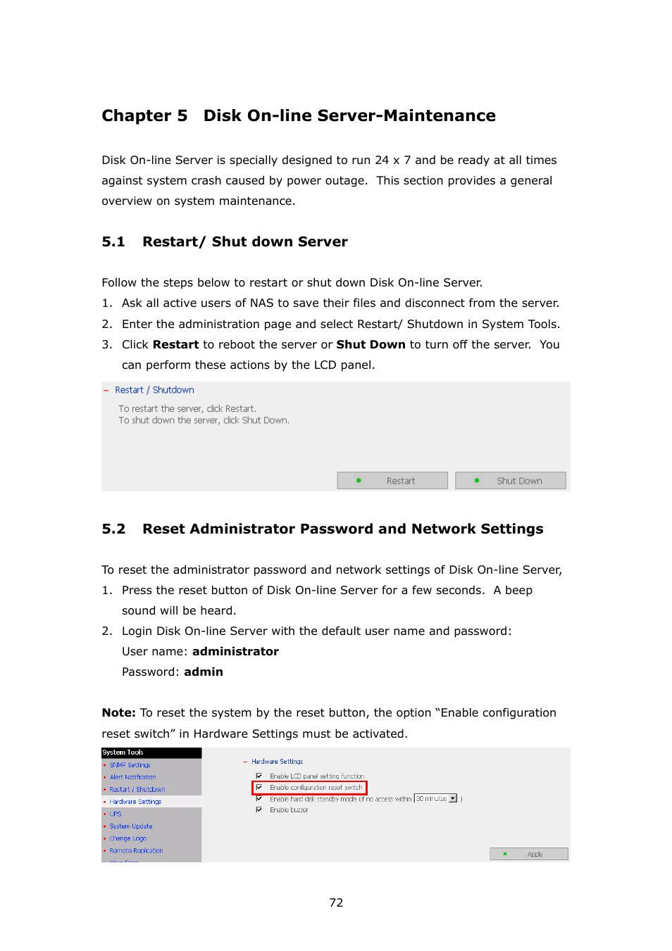 Disk on-line server-maintenance, Restart/ shut down server, Reset administrator password and network settings | Chapter 5, Chapter 5 disk on-line server-maintenance | APC Disk On-line Server NAS-2100 User Manual | Page 72 / 112