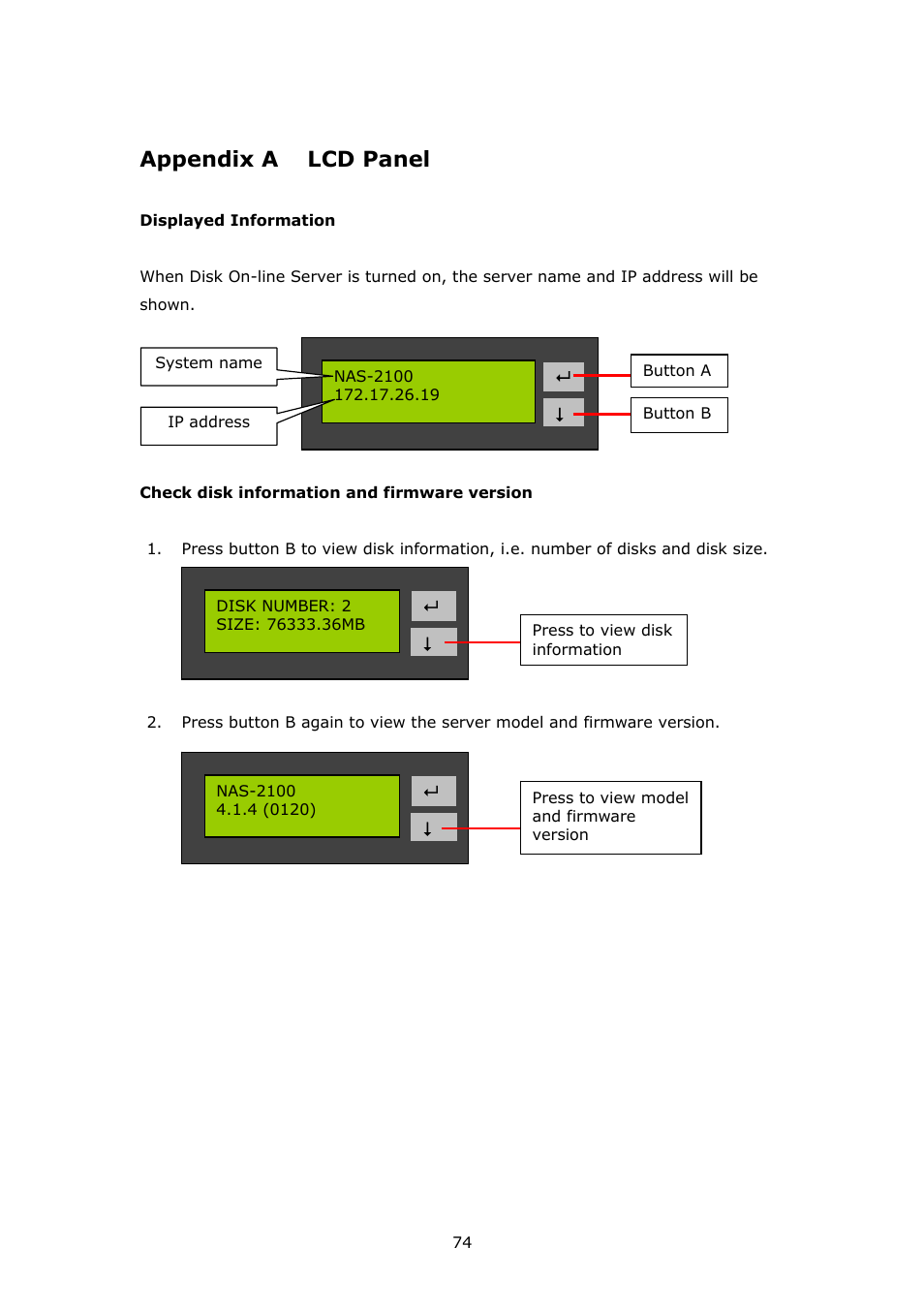 Lcd panel, Appendix a, Appendix a lcd panel | APC Disk On-line Server NAS-2100 User Manual | Page 74 / 112