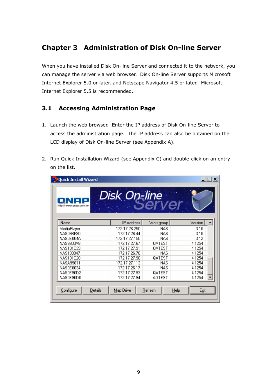 Administration of disk on-line server, Chapter 3, Chapter 3 administration of disk on-line server | APC Disk On-line Server NAS-2100 User Manual | Page 9 / 112