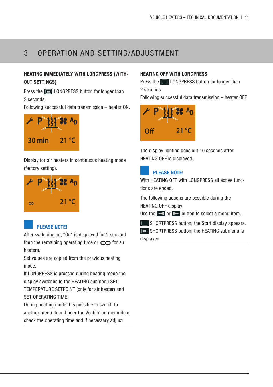 Heating off with longpress, 3 operation and setting/adjustment, 30 min 21 °c | 21 °c, 21 °c off | Eberspacher EasyStart Remote+ Operating instructions User Manual | Page 11 / 36