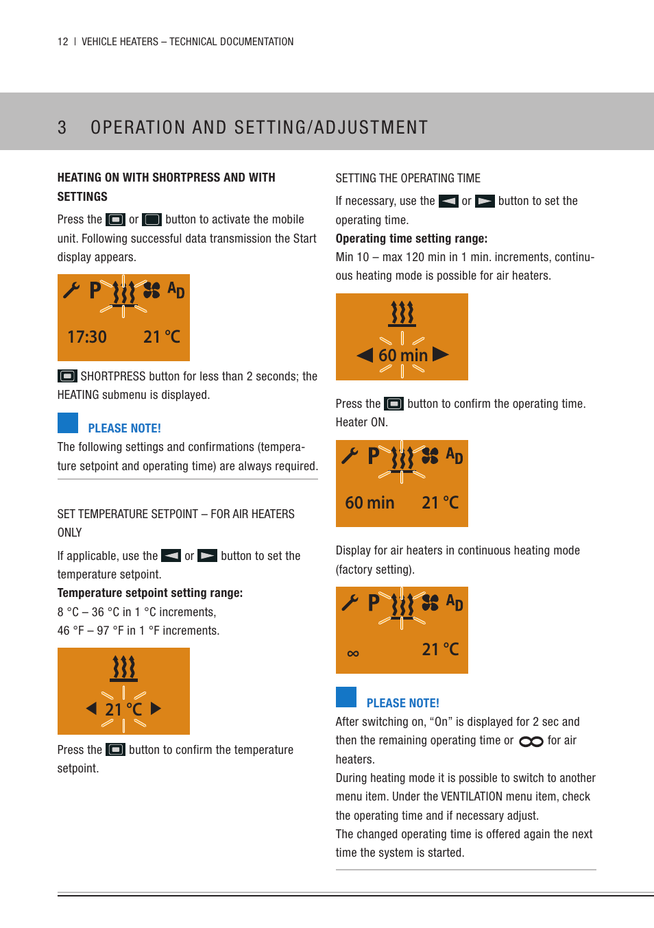 Heating on with shortpress and with settings, 3 operation and setting/adjustment, 30 21 °c | 21 °c, 60 min, 60 min 21 °c | Eberspacher EasyStart Remote+ Operating instructions User Manual | Page 12 / 36