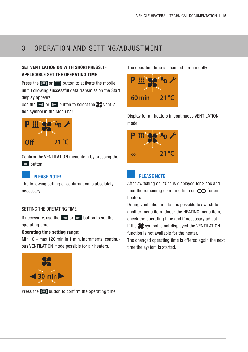 60 min 21 °c, 21 °c, 3 operation and setting/adjustment | 21 °c off, 30 min | Eberspacher EasyStart Remote+ Operating instructions User Manual | Page 15 / 36