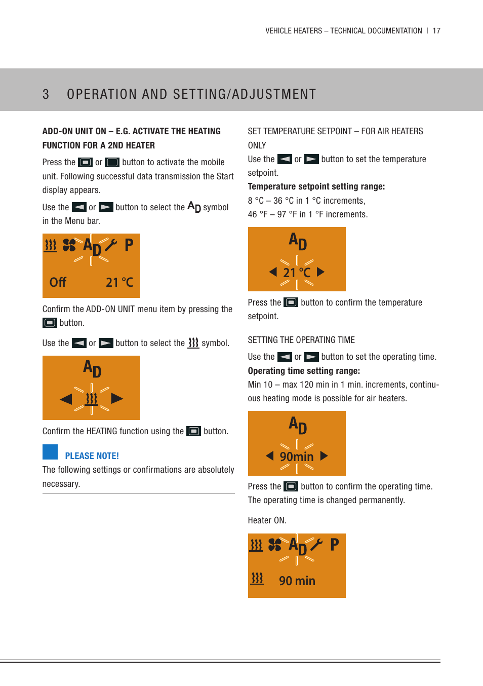 3 operation and setting/adjustment, Off 21 °c, 21 °c | 90min, 90 min | Eberspacher EasyStart Remote+ Operating instructions User Manual | Page 17 / 36