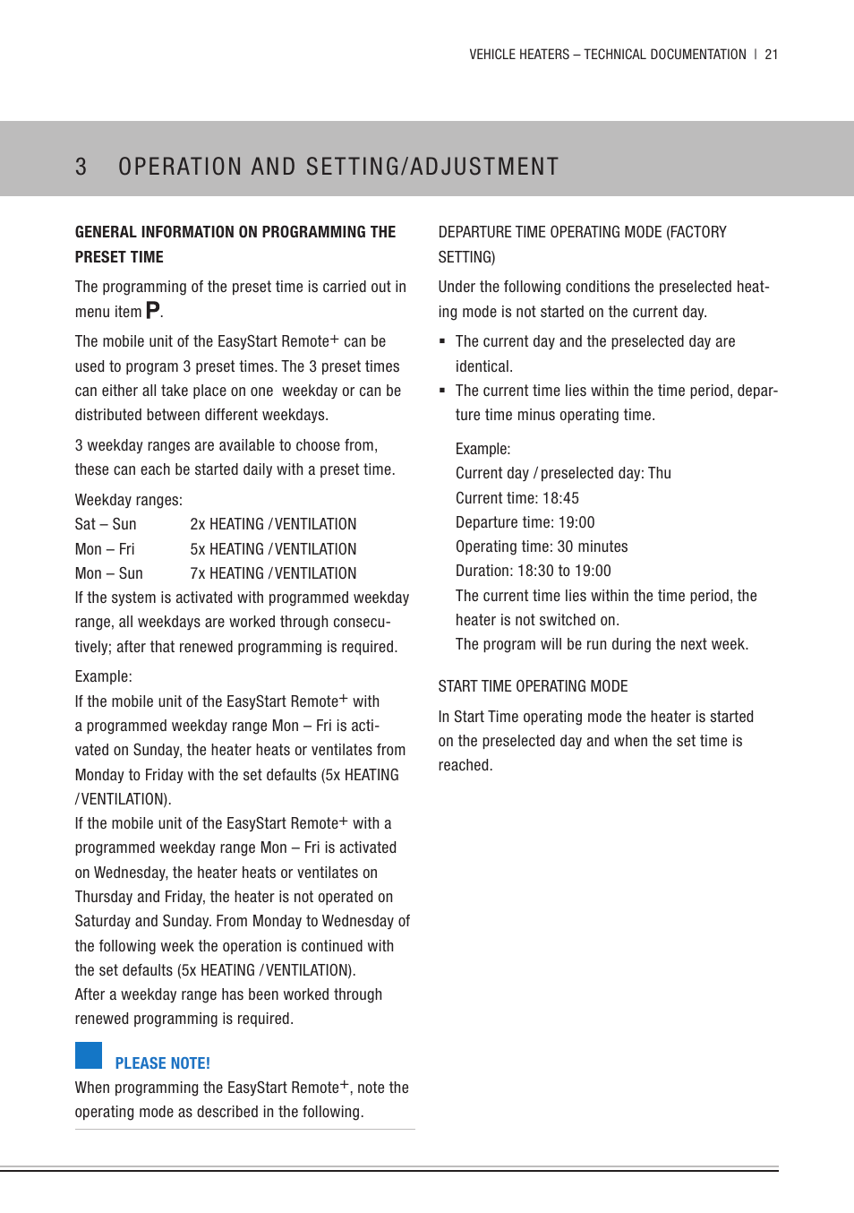 General information on programming the preset time, 3 operation and setting/adjustment | Eberspacher EasyStart Remote+ Operating instructions User Manual | Page 21 / 36