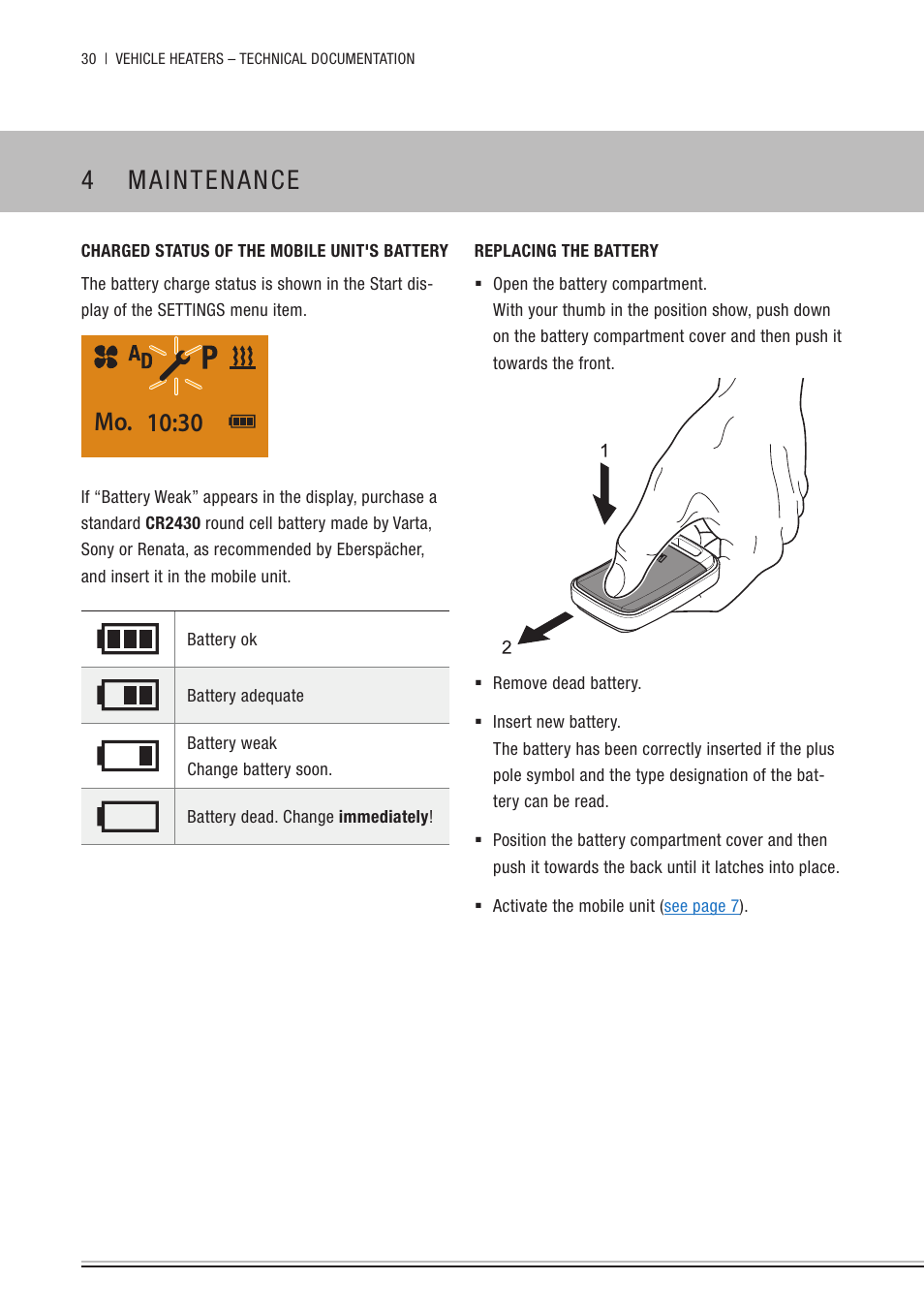 4 maintenance, Charged status of the mobile unit's battery, Replacing the battery | Maintenance, 30 mo | Eberspacher EasyStart Remote+ Operating instructions User Manual | Page 30 / 36