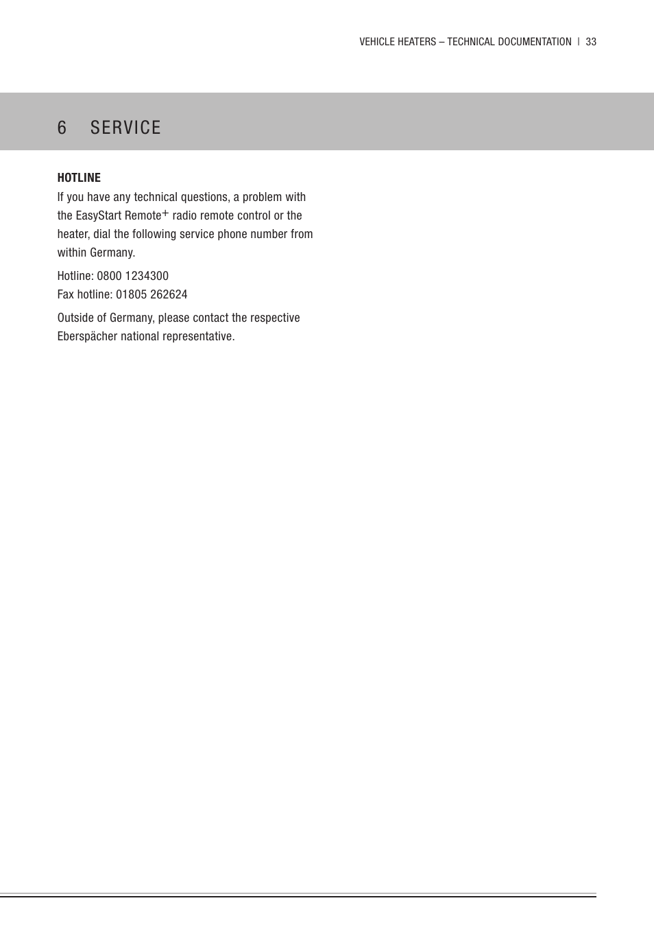 6 service, Hotline, Service | Eberspacher EasyStart Remote+ Operating instructions User Manual | Page 33 / 36