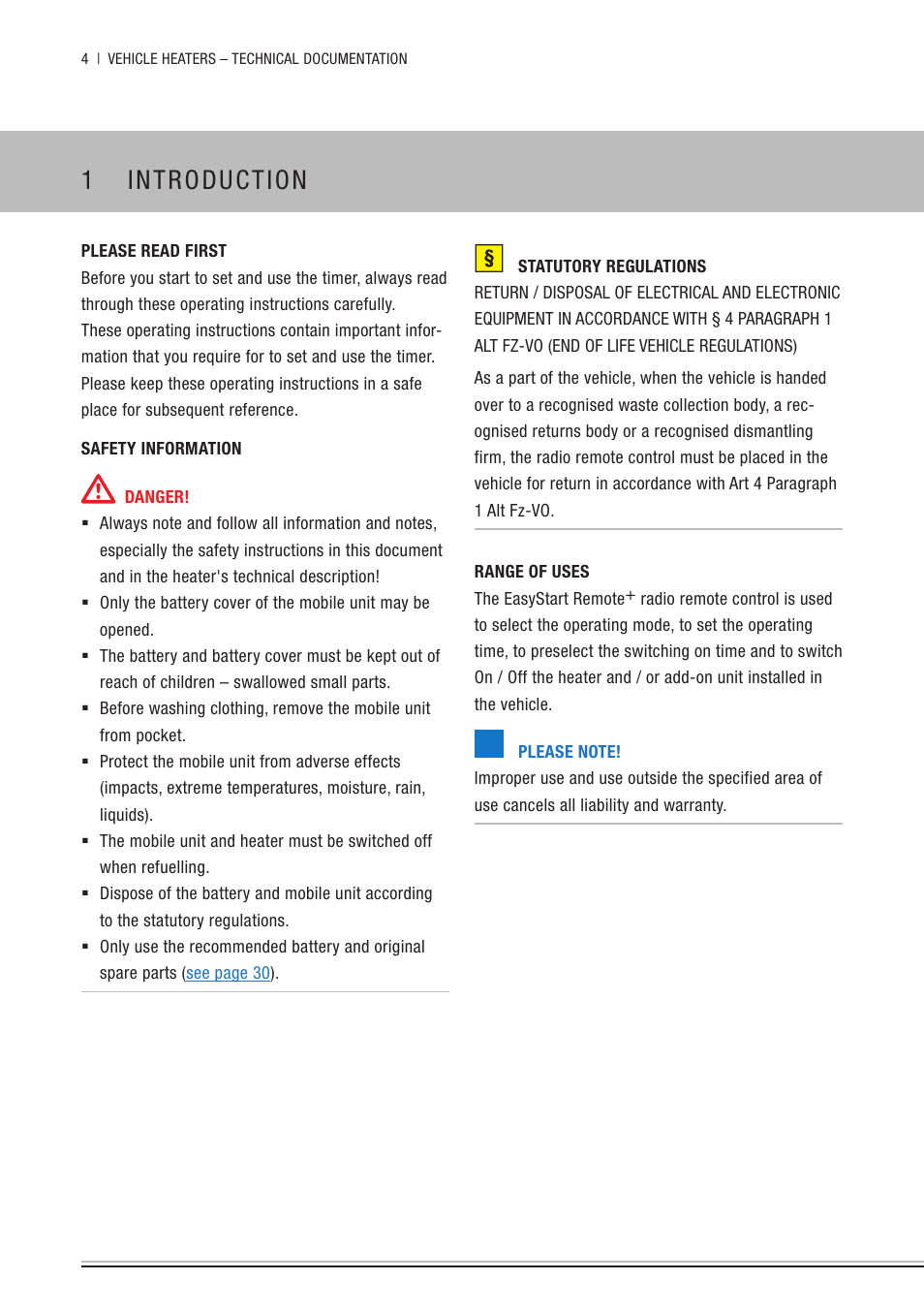 1 introduction, Please read first, Safety information | Statutory regulations, Range of uses, Introduction | Eberspacher EasyStart Remote+ Operating instructions User Manual | Page 4 / 36